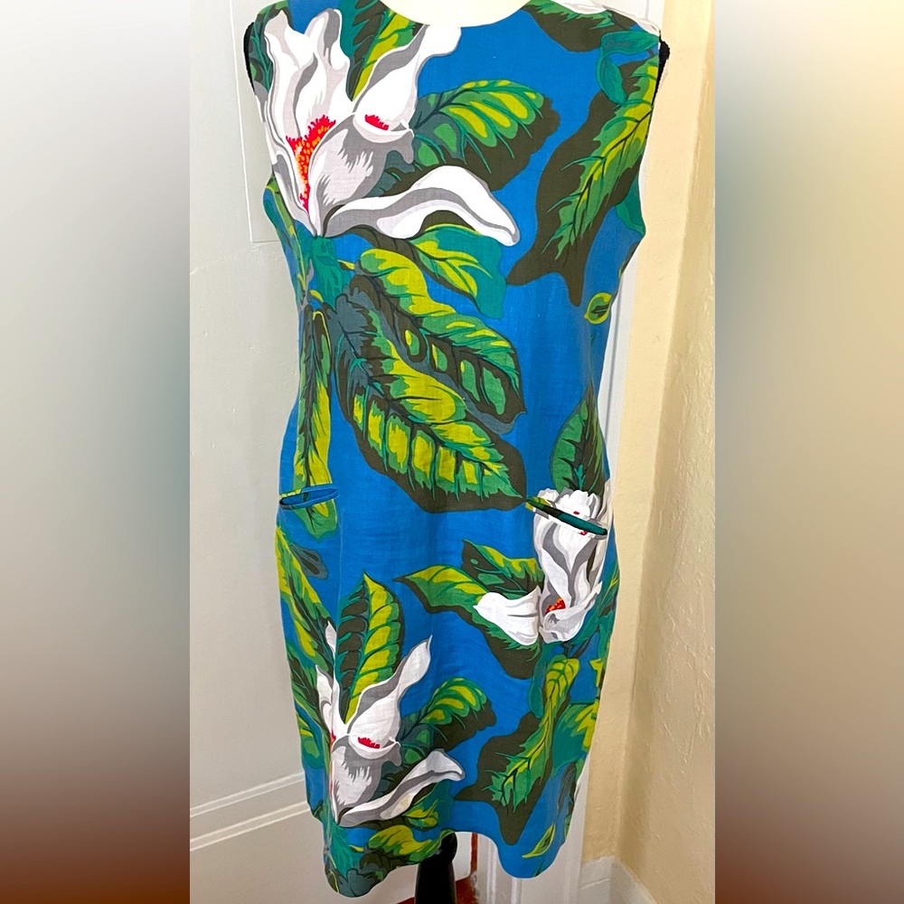 Linen/Silk Dress Ocean Blue Tropical with Pockets and Zipper in Back Size M - Picture 9 of 9